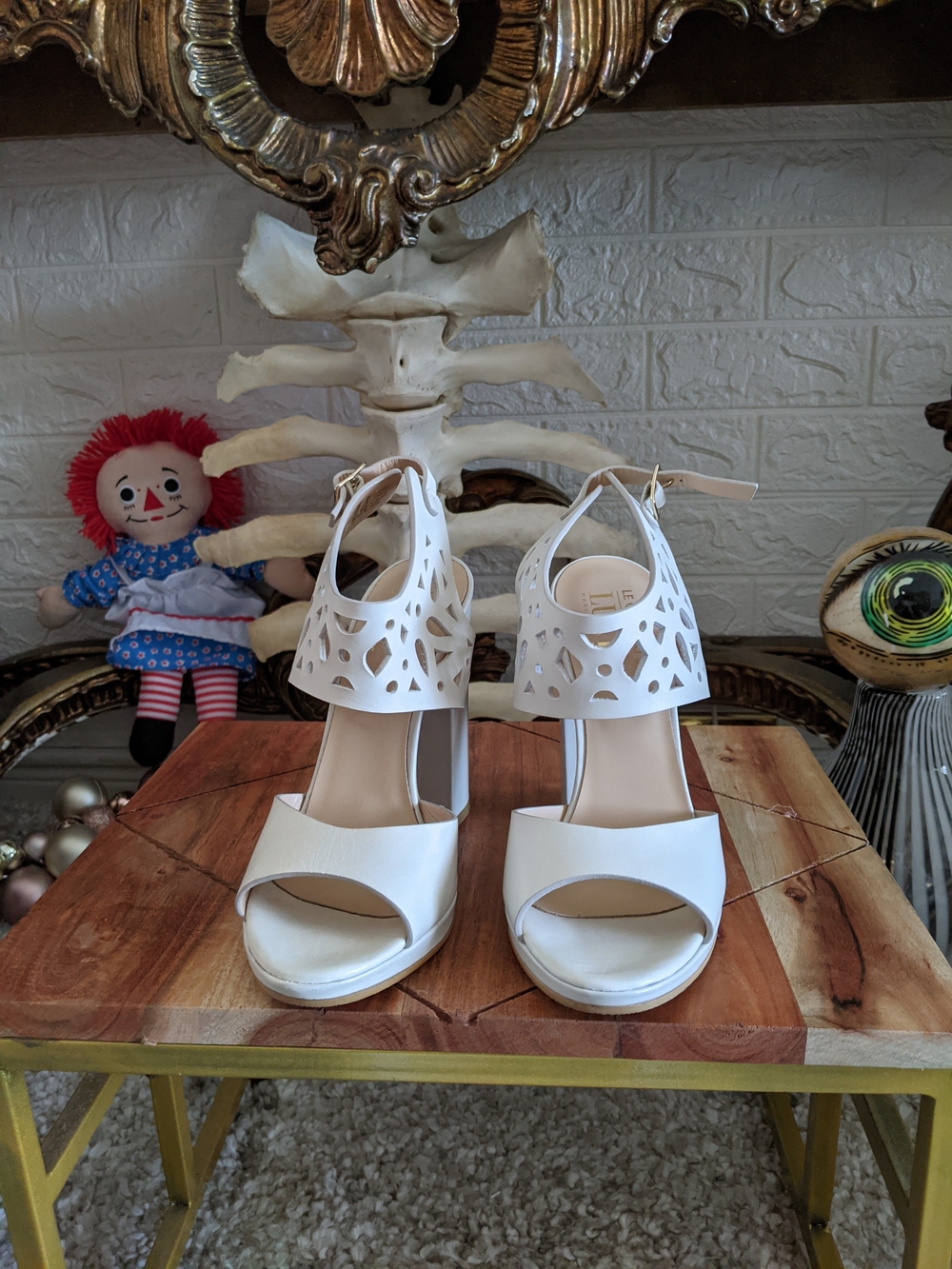 Le Chateau  White Laser-Cut Ankle-Strap Heels